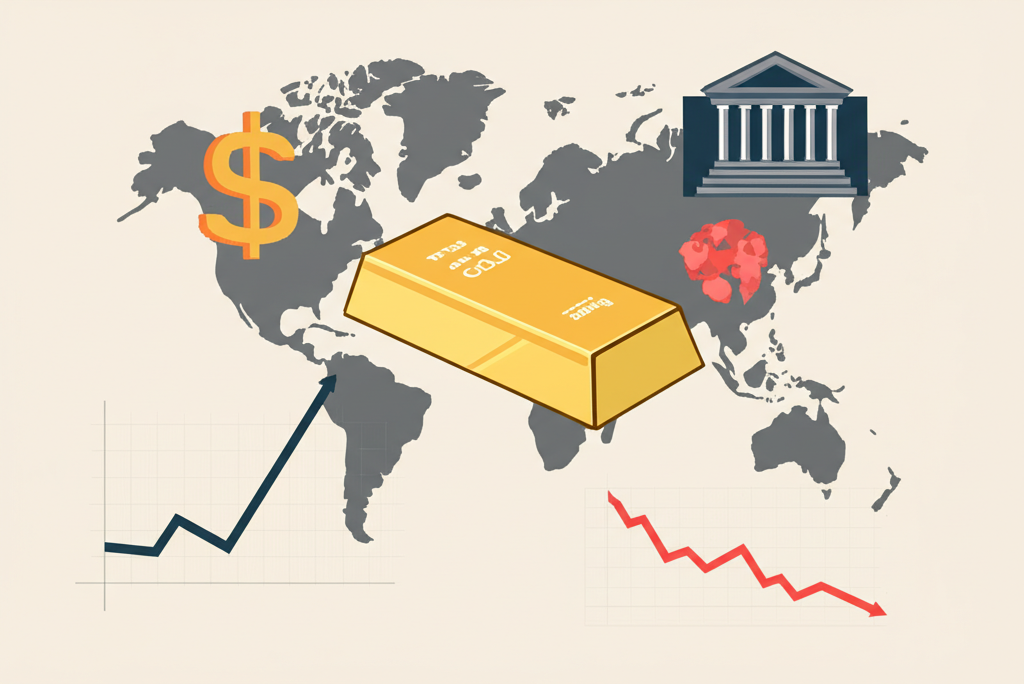 An illustration depicting a gold bar at the center surrounded by various influencing elements like a dollar sign a central bank building a world map with conflict zones and graphs showing supply and demand trends