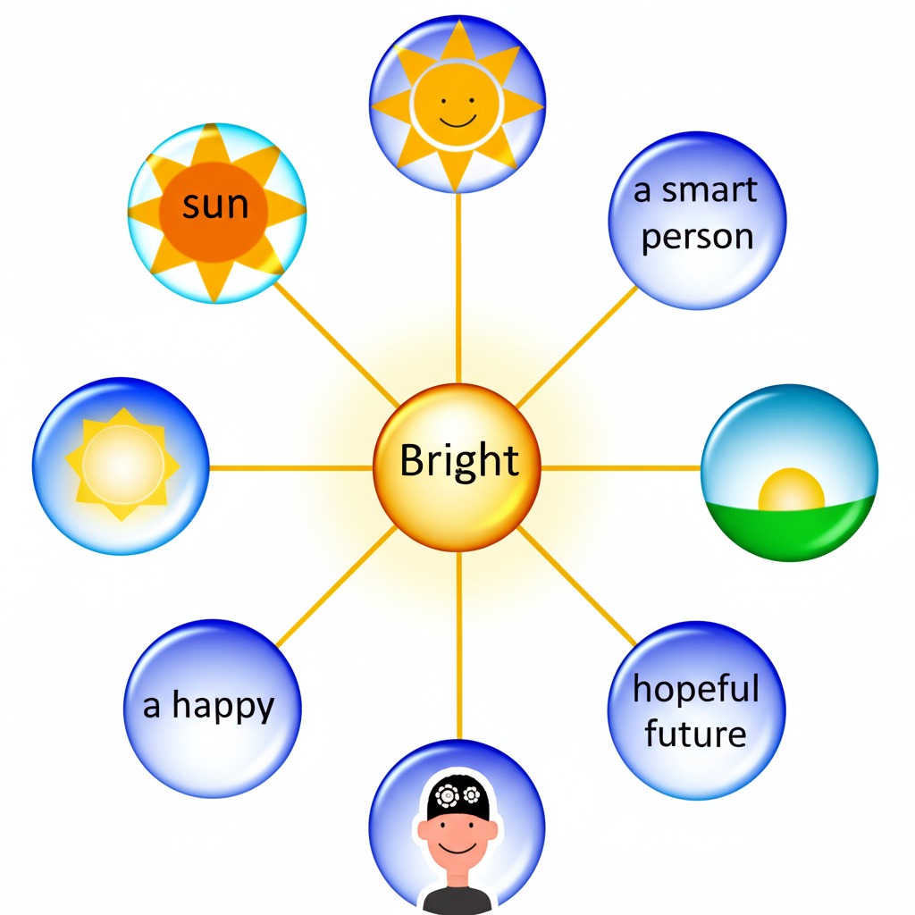 以發光球體為中心的插圖,標示bright並連接至陽光、聰明人物、快樂臉龐和希望未來等概念泡泡,展示其多樣語義