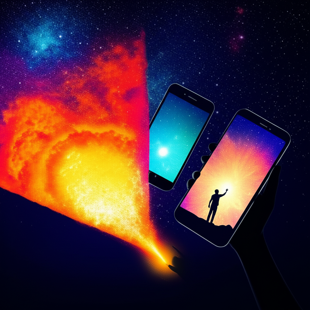 宇宙新星爆發與智慧型手機、人物融合的插畫,象徵Nova在不同情境中代表新生、光芒與突破的意涵
