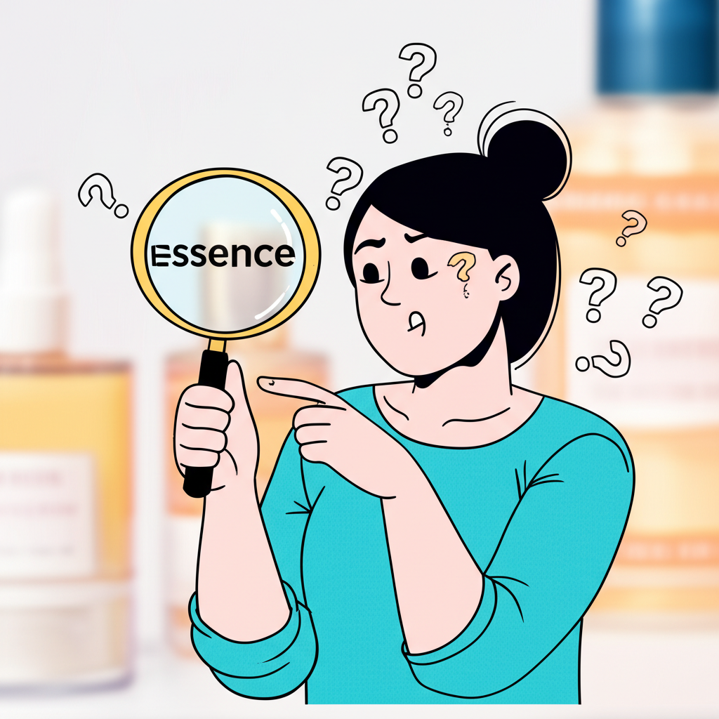 一位困惑的人手持放大鏡檢視 'essence' 一詞,周圍環繞問號,象徵語言混淆與護膚品標籤