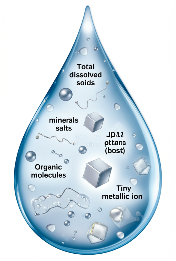 放大水滴內礦物質、鹽類、有機分子與金屬離子的科學插圖
