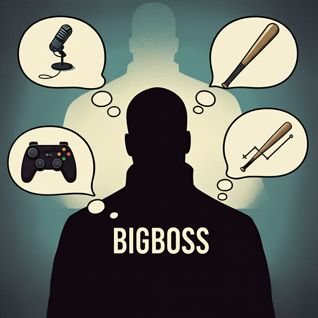 Bigboss 多重語意宇宙插圖,展現遊戲控制器、麥克風、棒球棍和金融圖表