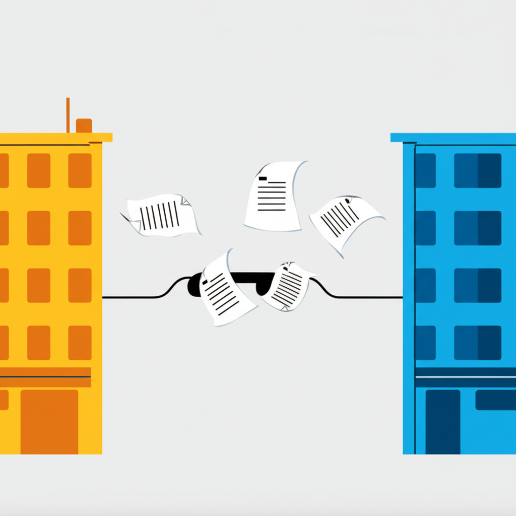 illustration two stylized buildings connected by a telephone line with documents flying between them representing the core function of fax as transmitting and reproducing real images of documents across distances
