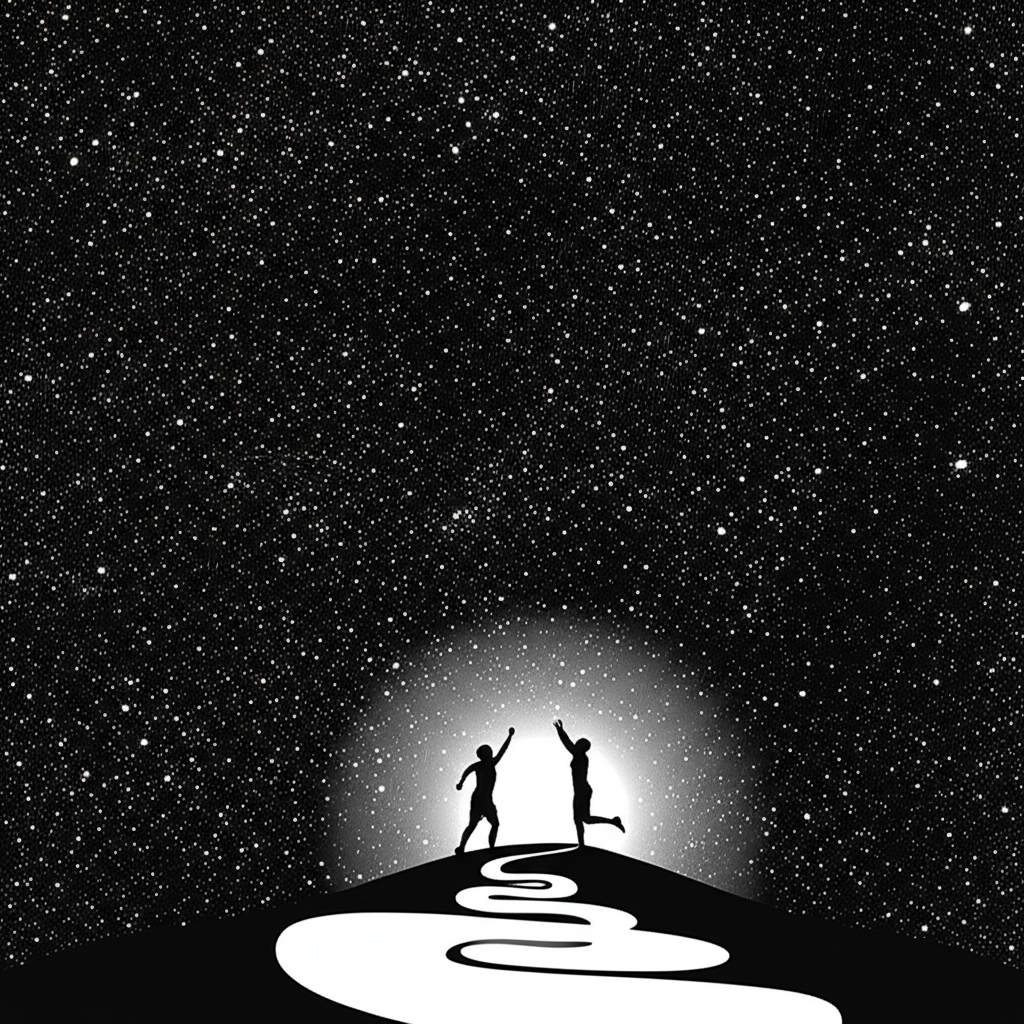 An illustration of an ancient Chinese philosopher meditating under a starry sky with swirling patterns representing wuji, in a serene cosmic atmosphere