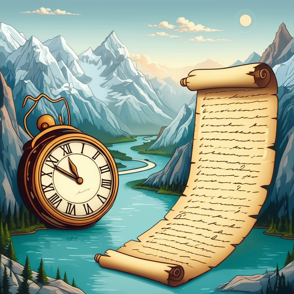 An illustration depicting a majestic long river flowing through mountains a vintage clock showing extended time and an endless scroll of a to-do list symbolizing long as an adjective
