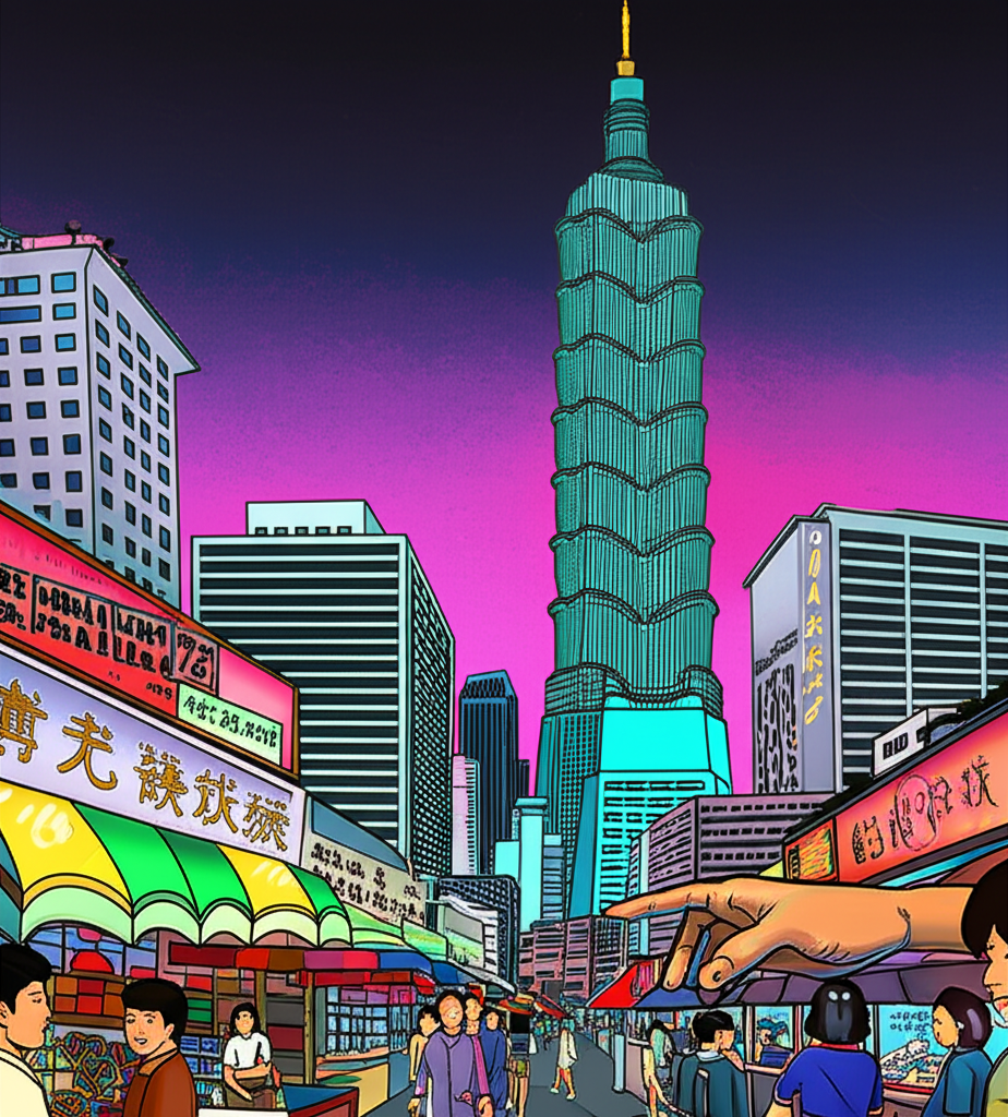 An illustration depicting 1980s Taiwan as an economic miracle with soaring skyscrapers and bustling markets while a hidden hand with high interest offers lures people into a shadowy investment scheme amidst a naive public investment craze