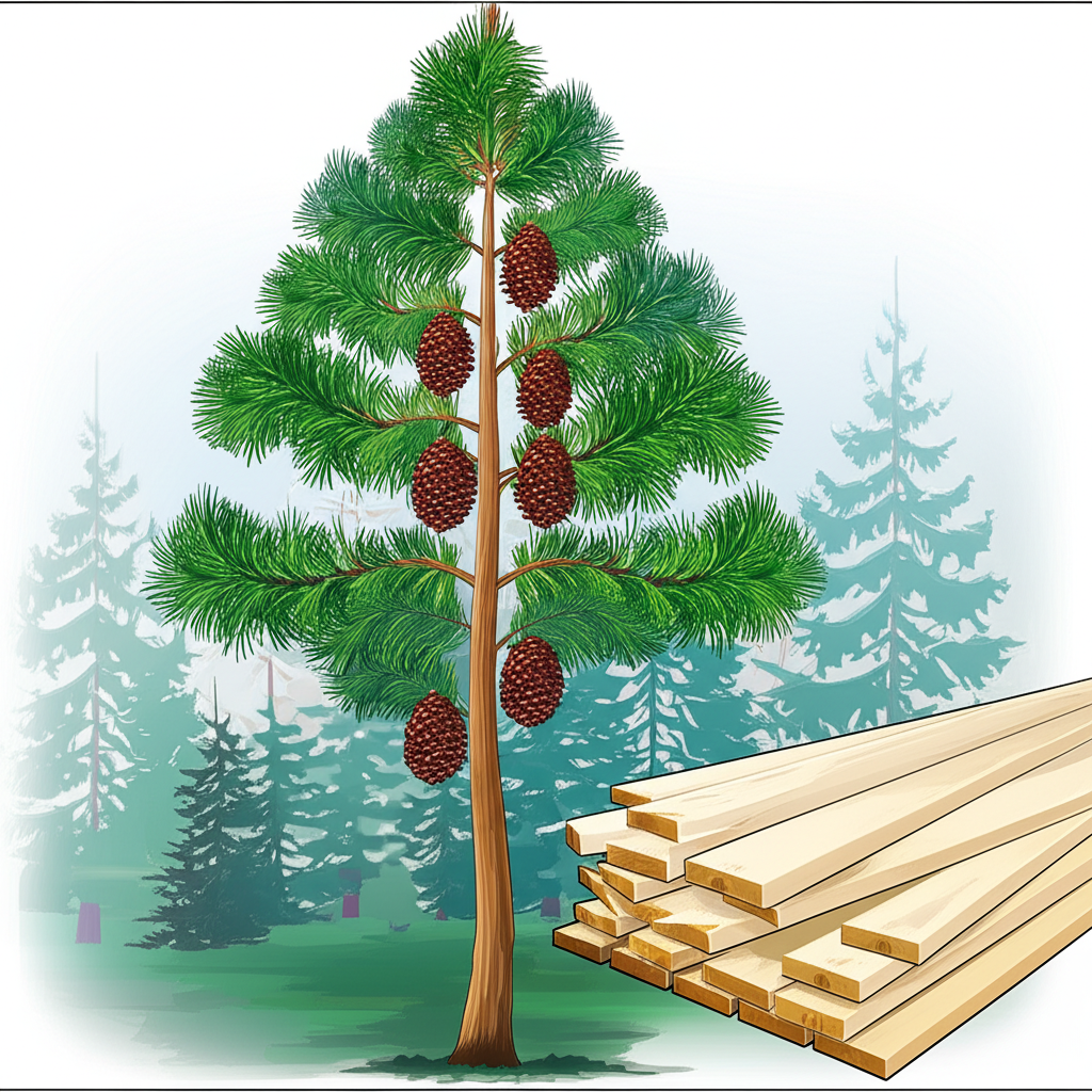 Majestic pine tree in a forest with needles and cones beside pine wood planks for furniture