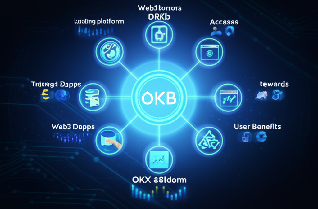 OKB 幣作為 OKX 生態系統中發光的核心,連接交易平台、Web3 應用和用戶權益的插圖