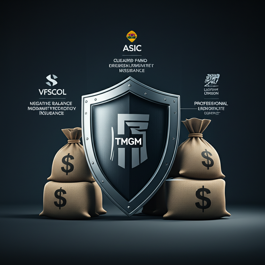 盾牌保護資金袋,配以 ASIC 和 VFSC 等監管標誌,象徵 TMGM 的客戶資金分隔、負餘額保護及勞合社責任保險的安全保障