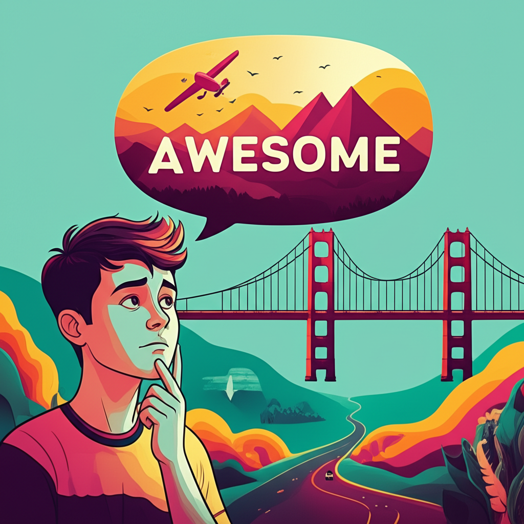 好奇的人注視著帶有awesome字樣的語音泡,象徵語言學習中文化理解的橋樑,以活力四射的色彩呈現
