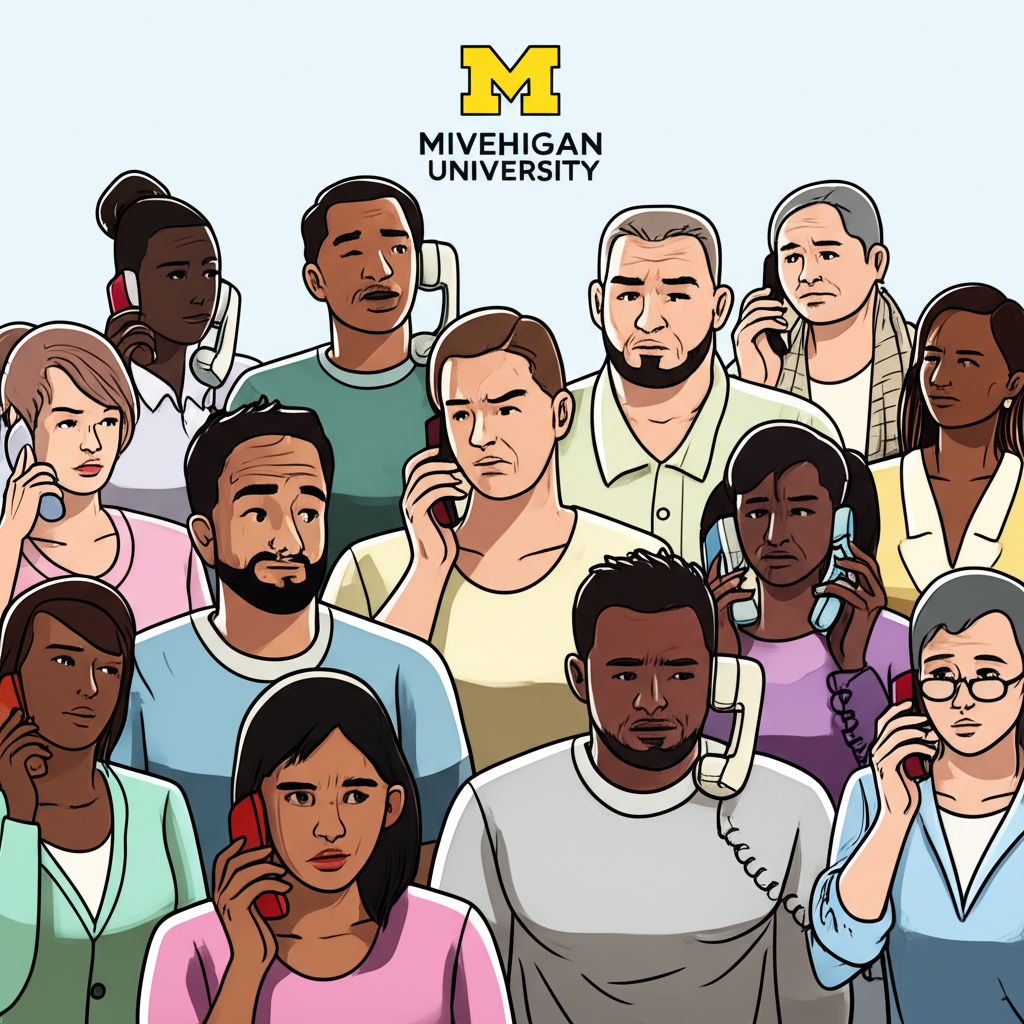 An illustration of a diverse group of American families participating in phone surveys expressing their economic feelings with a Michigan University logo in the background indicating consumer sentiment index