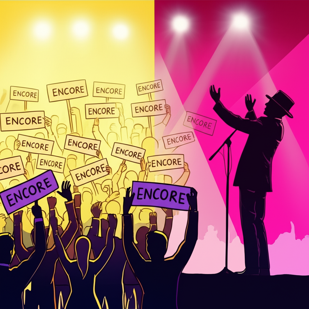 An illustration showing a dual concept of encore as a noun and a verb with one side depicting an audience holding up signs saying Encore and the other side showing a performer responding with an extra song on a concert stage highlighting the idea of again or extra presentation