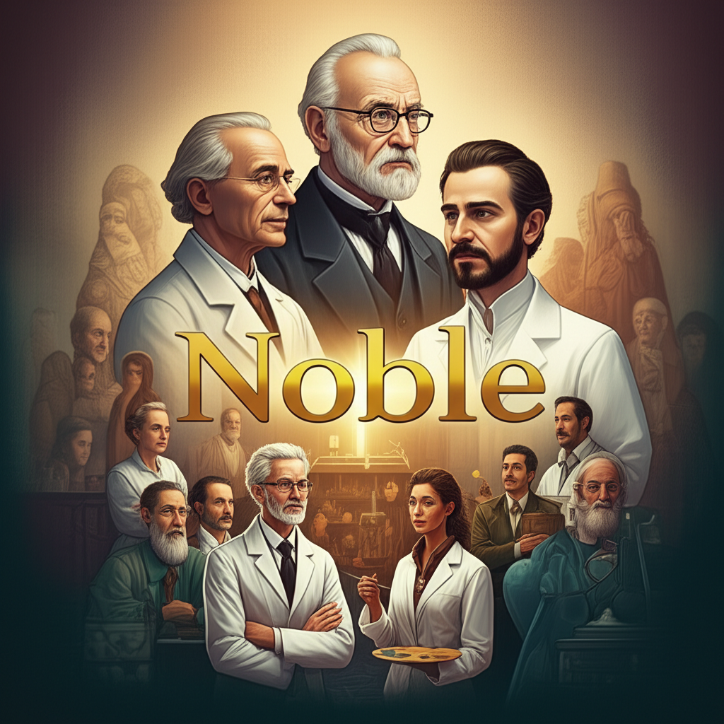 Noble 詞彙的多重含義插圖,展示高道德品格、古貴族家庭、科學家與藝術家周圍環繞金色 Noble 字樣