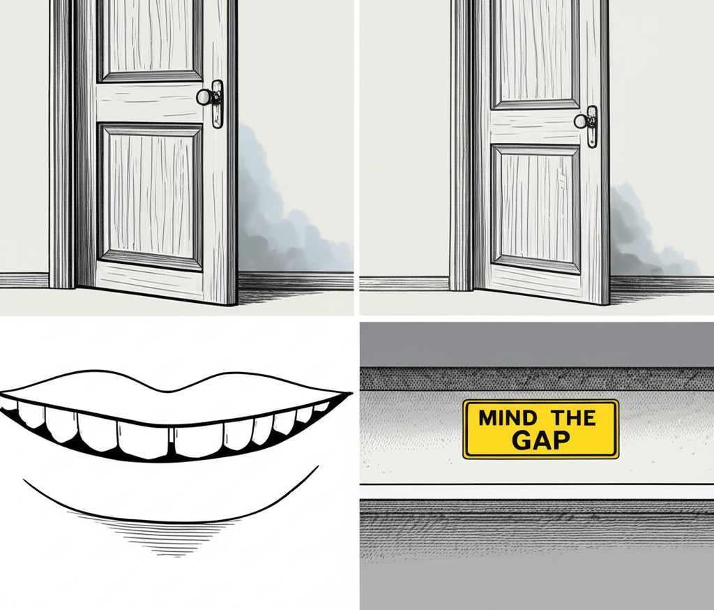 An illustration depicting a visible gap under a door letting in cold air, a gap between teeth, and a train platform with a Mind the Gap sign, in illustration style
