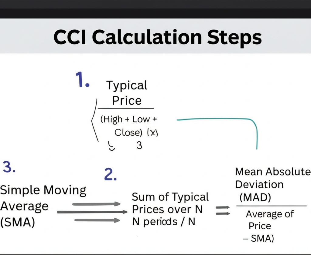 Digital whiteboard illustrating CCI calculation steps: typical price, simple moving average, and mean absolute deviation