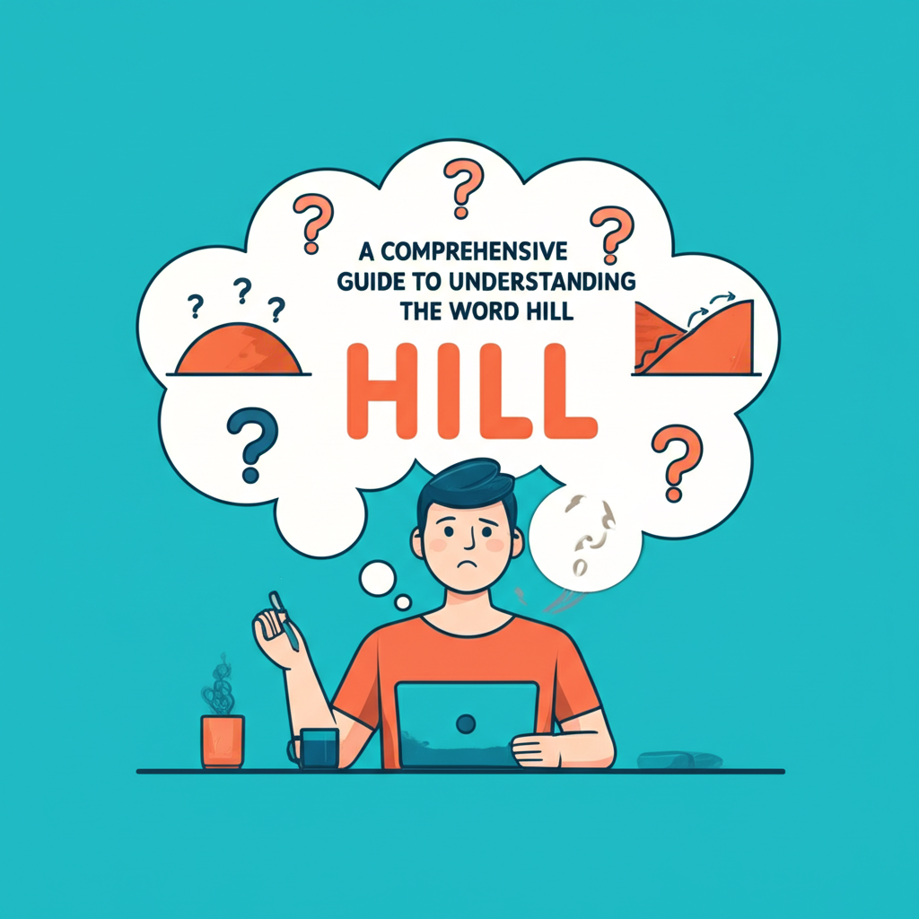 一位學習者探索 Hill 單詞的多重含義,伴隨著問號和思想泡泡的插圖,象徵全面指南