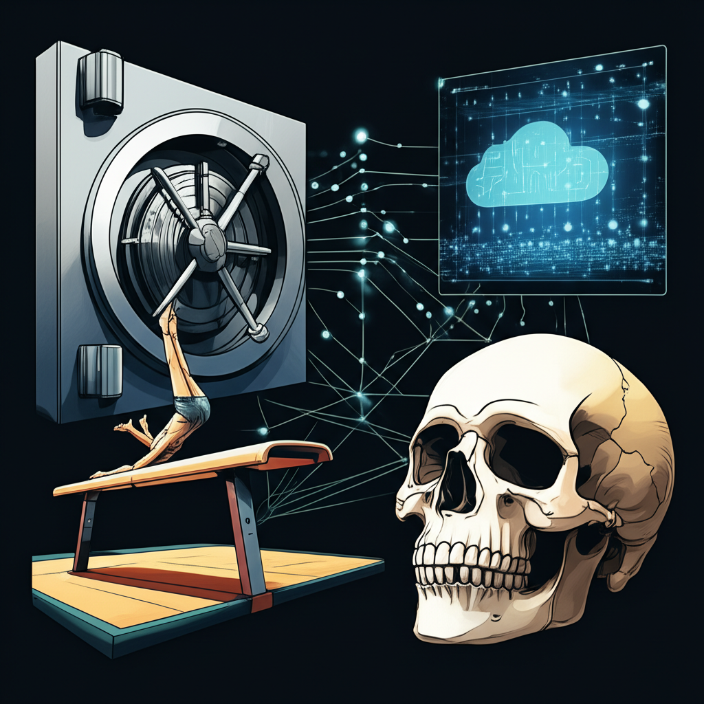 圖解 vault 的多種含義:銀行金庫、體操跳馬、數位保險箱與人體顱頂,以線條串聯不同領域的概念