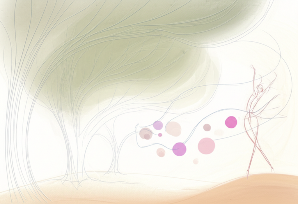 illustration of a gentle breeze causing trees to sway a dancer moving to music and abstract figures representing public opinion being influenced by a speaker all in a soft flowing illustration style