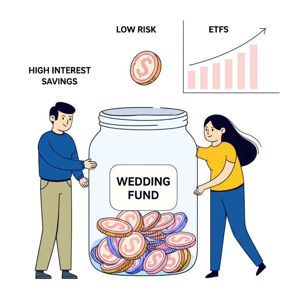 一對伴侶正在將錢存入專屬的結婚基金帳戶,硬幣與紙鈔投入撲滿,旁邊有小圖表顯示ETF與高利率活存等低風險理財工具