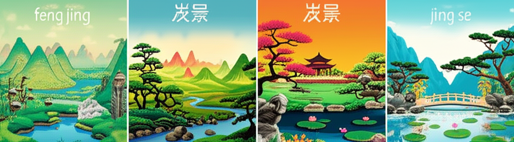 插畫呈現scenery的多種中文翻譯,如風景、景色,並描繪自然與人造的迷人景觀