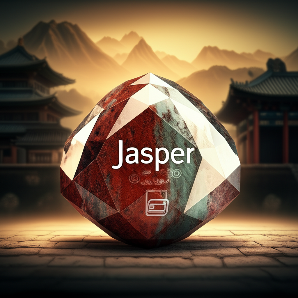 Jasper 多面寶石在中文世界中的多重面貌插圖,展示礦物、人名與AI工具的不同面向