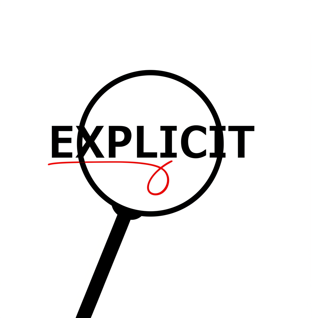 explicit 核心意義作為清晰無歧義的說明,放大鏡突出清楚書寫的詞語,無混淆空間