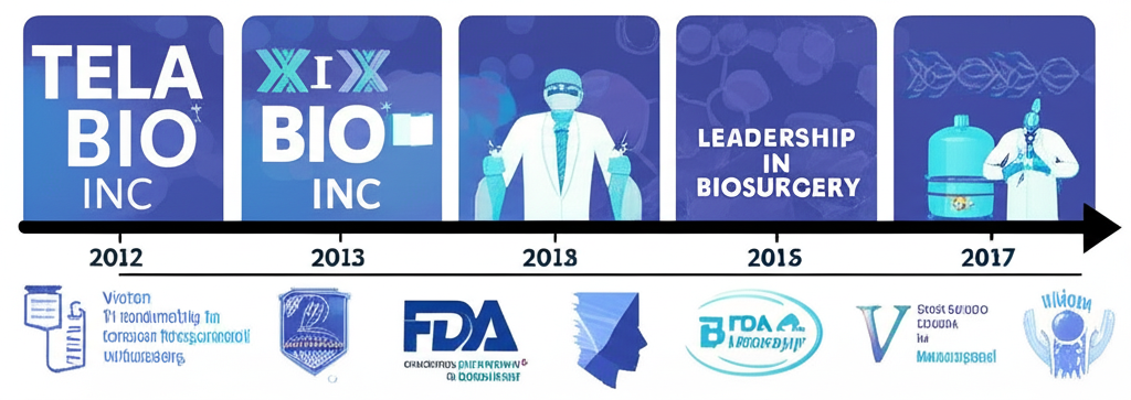 Tela Bio Inc. 從 2012 年創立到 2017 年 NASDAQ 上市的時間軸,包含 FDA 核准標誌與生物外科領導願景
