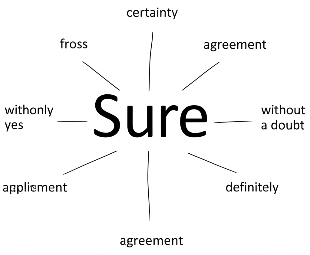 以圖示方式呈現單字 Sure 作為核心,延伸出「確定性」與「同意」兩大主軸,並連結至不同詞性與用法