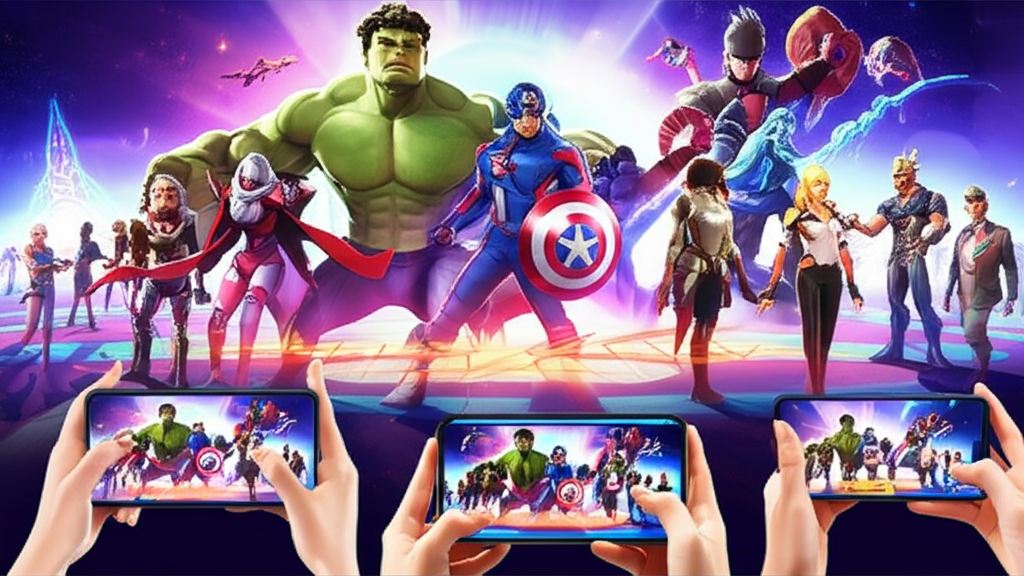 An illustration of various Marvel superheroes from Marvel Future Fight standing heroically in a vibrant cosmic battle arena with a diverse group of players eagerly engaging in an action RPG mobile game on their devices