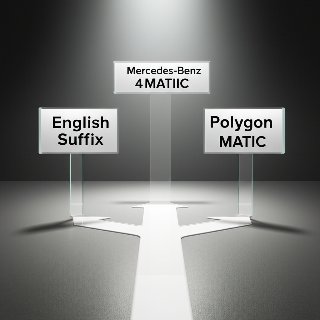 matic澄清指南插圖:三條清晰路徑指向英文詞綴、賓士4MATIC和Polygon MATIC