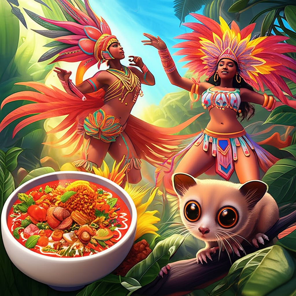 插圖:動態場景,呈現一道異國美食、一名穿著獨特服裝的舞者與一隻珍奇寵物,展現「exotic」的具體應用情境