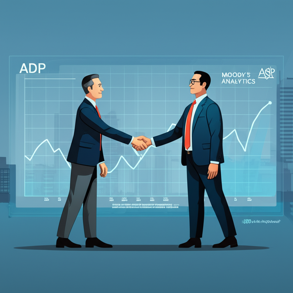 ADP與穆迪分析代表握手,巨型數據螢幕顯示私人部門就業增長,排除政府建築,背景為美國企業