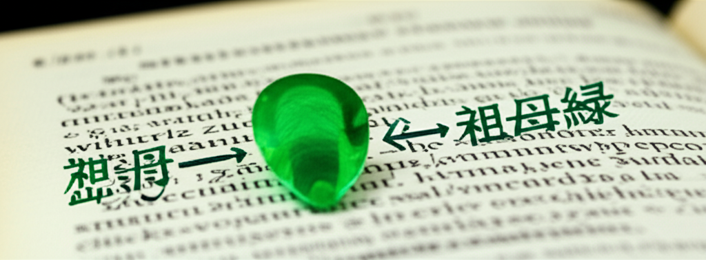 祖母綠詞彙從古希臘 smaragdos 到現代中文祖母綠的演變插圖,背景包含語言符號和詞典