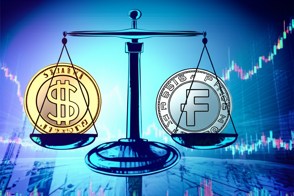 美元兌瑞郎貨幣對的平衡天平圖,背景有全球金融圖表