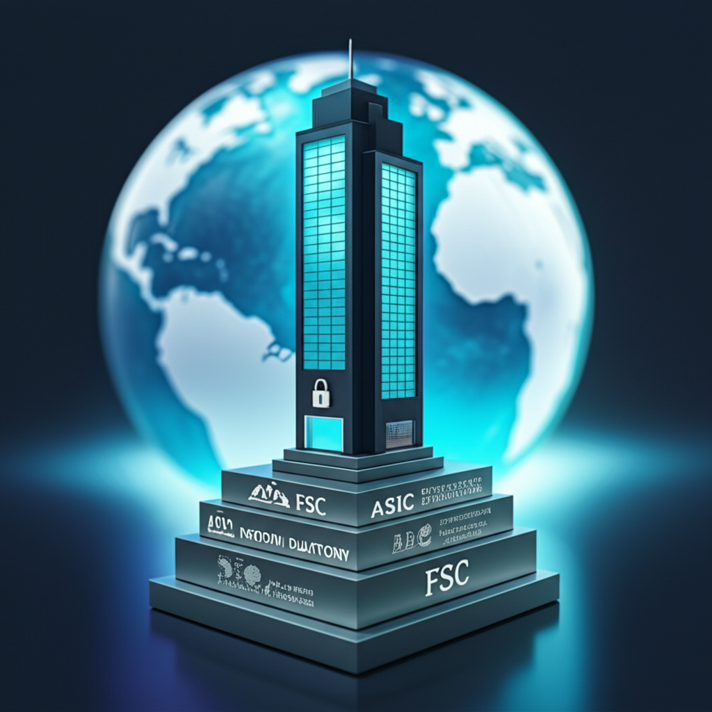 由 ASIC 和 FSC 等國際監管牌照構成的堅固基礎,支持安全的 Mitrade 交易平台建築,背景有地球圖像