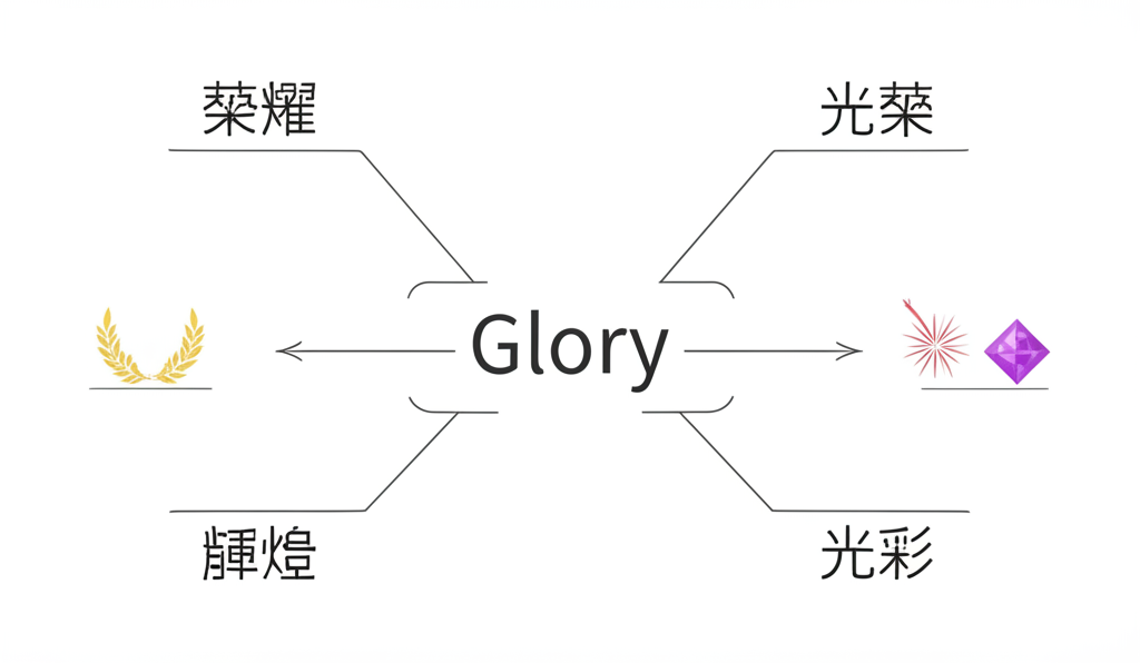 Glory 名詞的不同中文翻譯視覺表示,分支延伸至榮耀、光榮、輝煌與光彩的場景