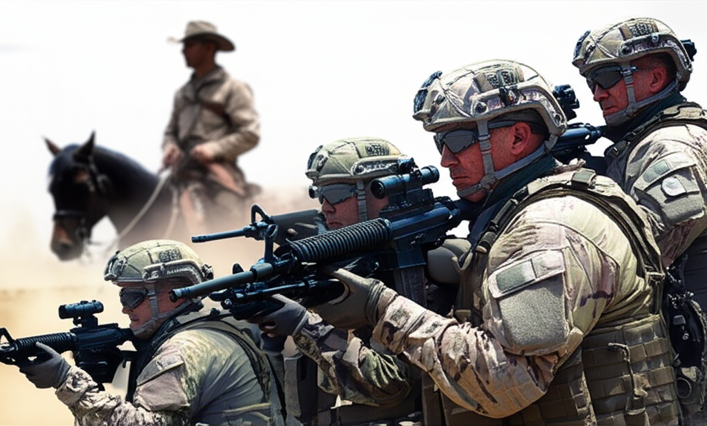 一群穿著迷彩裝備的精銳陸軍遊騎兵執行戰術任務,背景有騎馬的德州遊騎兵