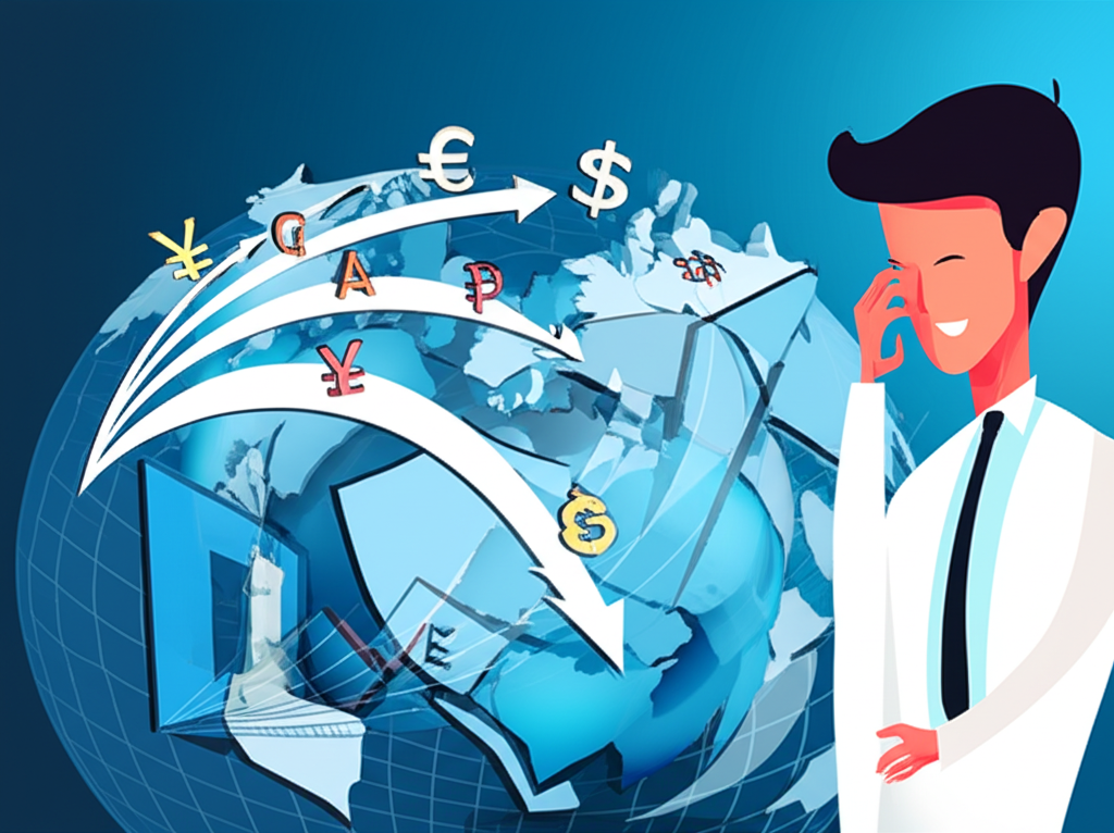 全球經濟與外匯避險示意圖,描繪資金在各國間流動,並以保護盾抵禦波動的貨幣符號