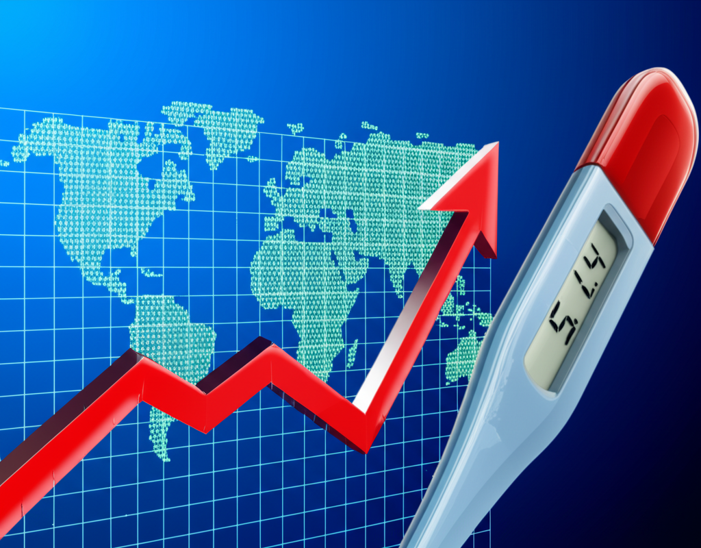 illustration of a digital thermometer showing the health of the US economy with a chart showing upward trends in currency stocks and gold prices and a global map in the background symbolizing worldwide impact