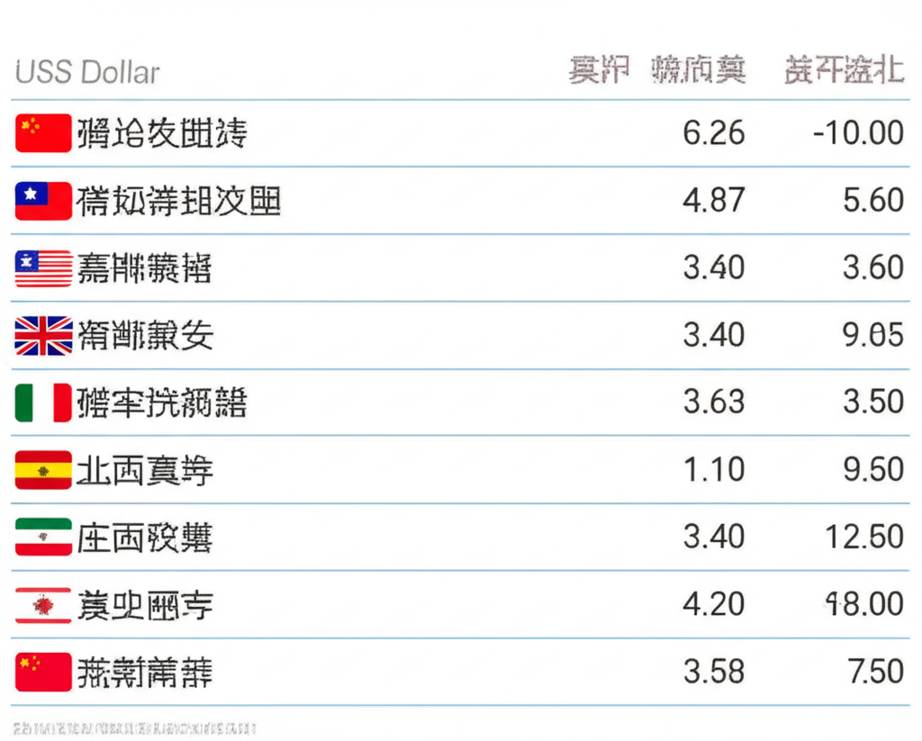 An illustration of a financial chart displaying 250 US dollars converting into different Asian currencies like Taiwan New Dollar Chinese Yuan Hong Kong Dollar and Euro with approximate values clearly visible