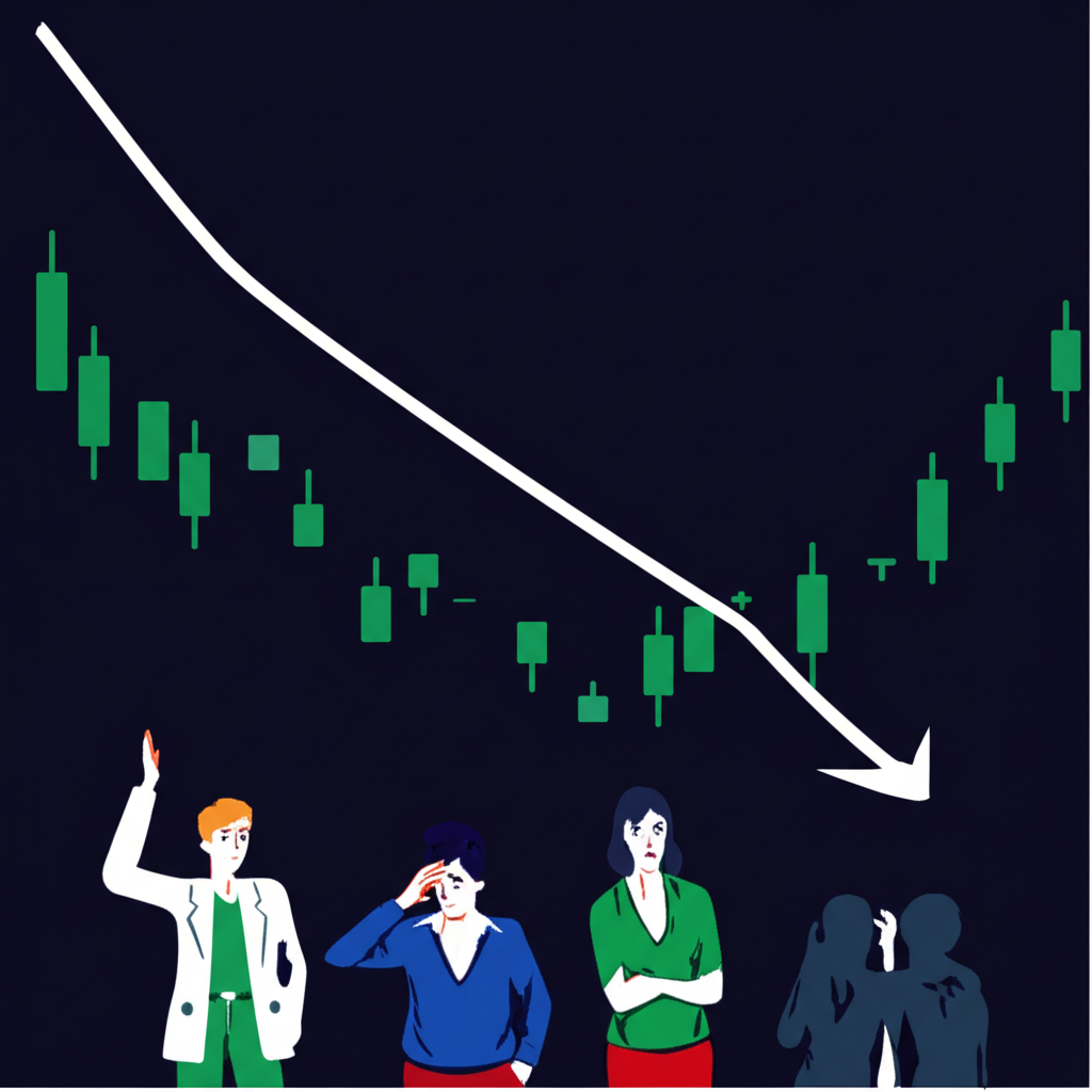 An illustration of a stock chart with an M shape double top pattern indicating a bearish reversal and declining market trend with investors looking worried