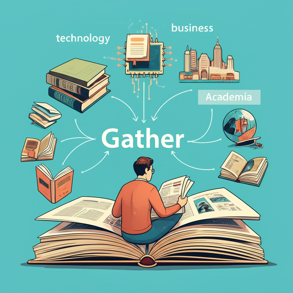插圖:一名學習者正研究英文單字 gather,周圍浮現商業、科技與學術等不同使用情境,象徵其超越簡單收集的深層意義
