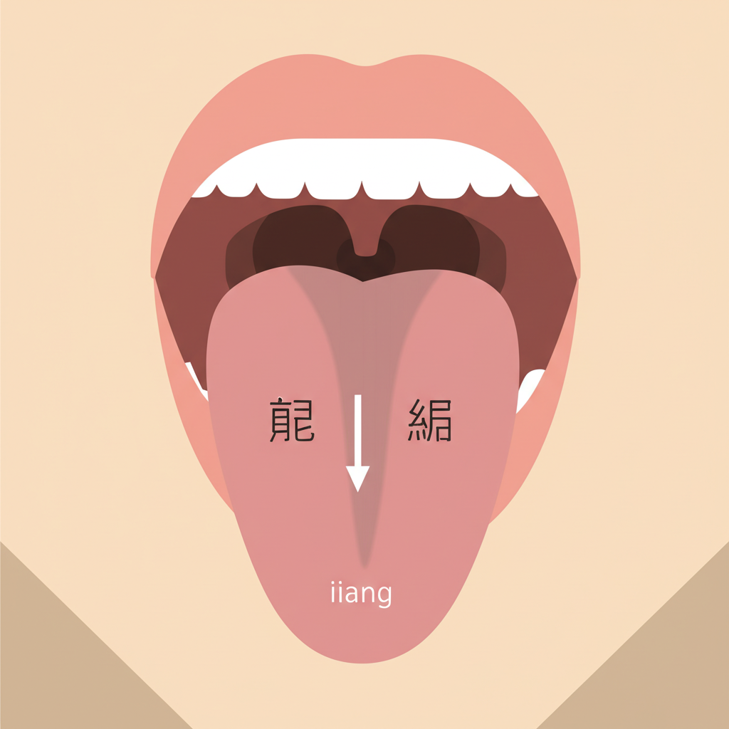 插圖:特寫發音中的口型與舌位,清晰展示 xiang 的發音過程,包括 x 聲母與 iang 韻母的過渡及鼻音共鳴