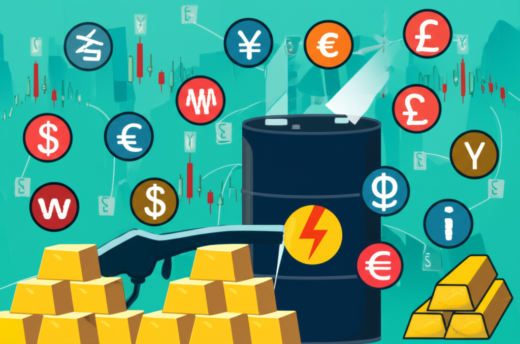 亨達集團金融服務組合示意圖:涵蓋外汇交易貨幣對、CFD 包括股票指數、大宗商品如石油與黃金,以及能源產品在動態市場環境