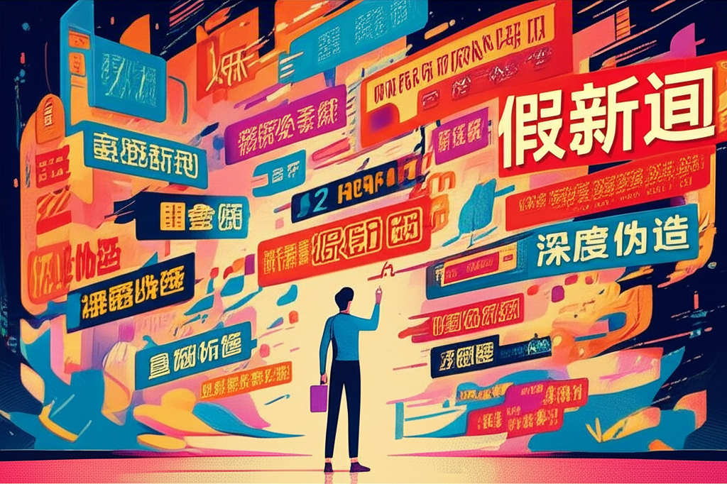 數位世界中的人面對代表虛假與真實資訊的中文字流動