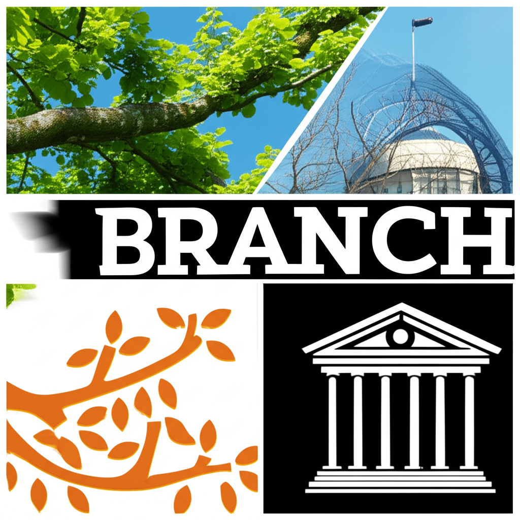Visual representation of branch as noun with tree branch, bank building, corporate logo, and academic field diagram