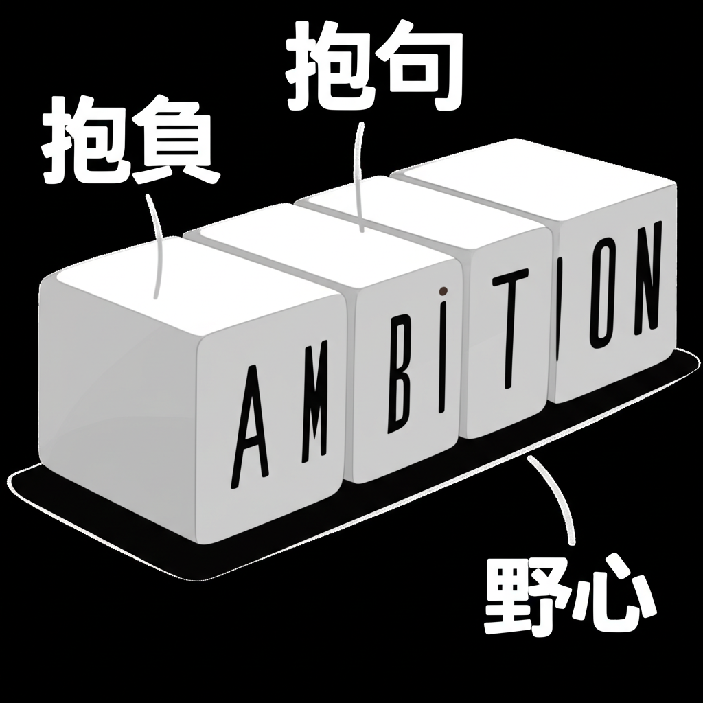 插圖:「Ambition」作為一個實心的名詞方塊,箭頭指向不同的中文翻譯如「抱負」、「志向」與「野心」,象徵其翻譯的靈活性與情境適應性
