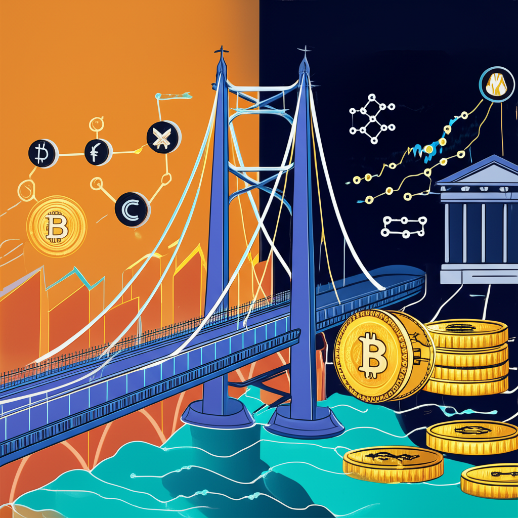 貝萊德比特幣ETF插圖，描繪傳統金融與數位貨幣的橋樑連接