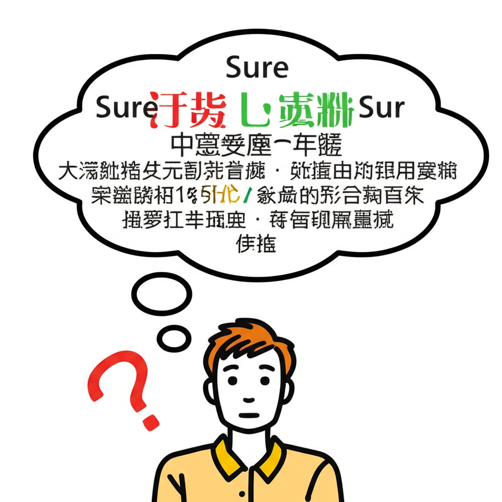 一個人頭上冒著問號,思考氣泡中充滿英文單字 Sure 的各種中英文意思,呈現出學習者常見的困惑