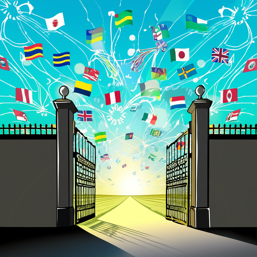 An illustration of a barrier being removed to allow free flow and expansion symbolizing the verb unlimit such as a country unlimiting its trade policies for global exchange